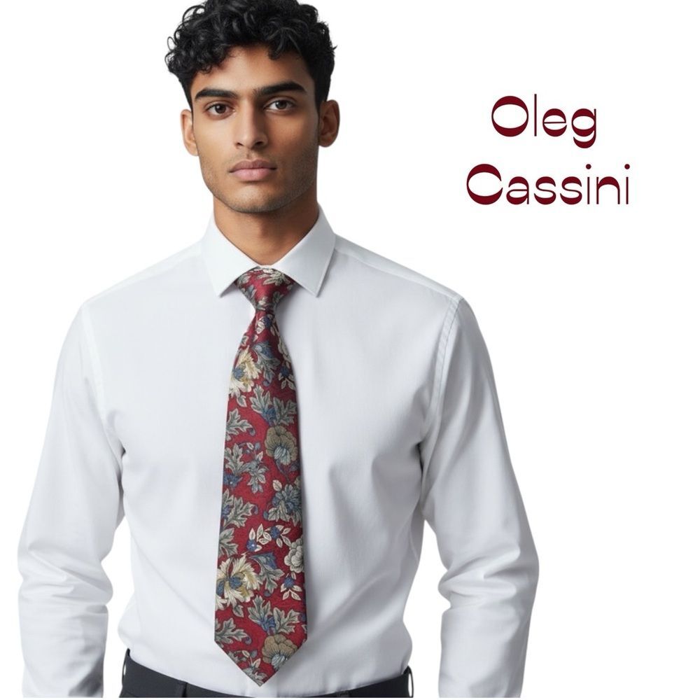 Vintage Oleg Cassini Red Silver Gold Floral Silk Necktie Career